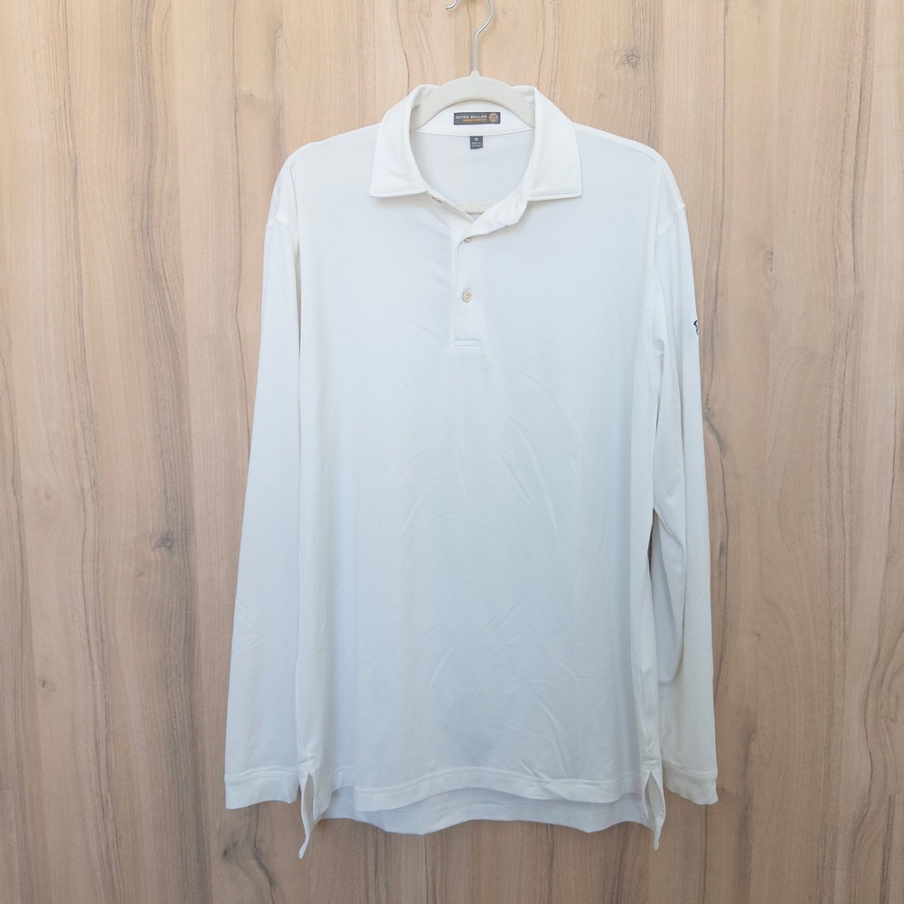 Peter Millar Mens Long Sleeve Polo Shirt M White Summer Comfort Stretch Golf
